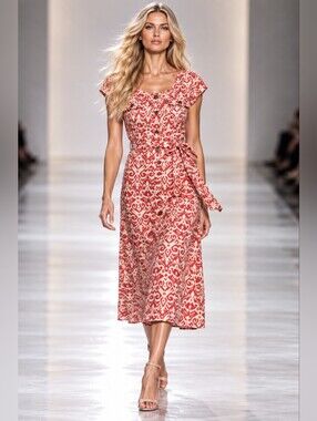 Danillo Boutique Coral Ivory Ikat Belted Midi Dress Size 8